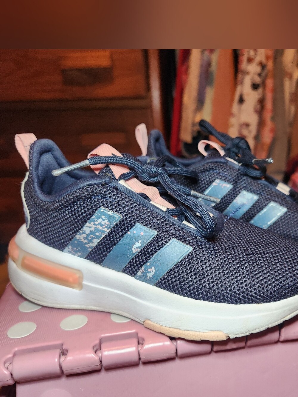 adidas Girls Kids Navy Mesh Sneakers with Light Pink Details